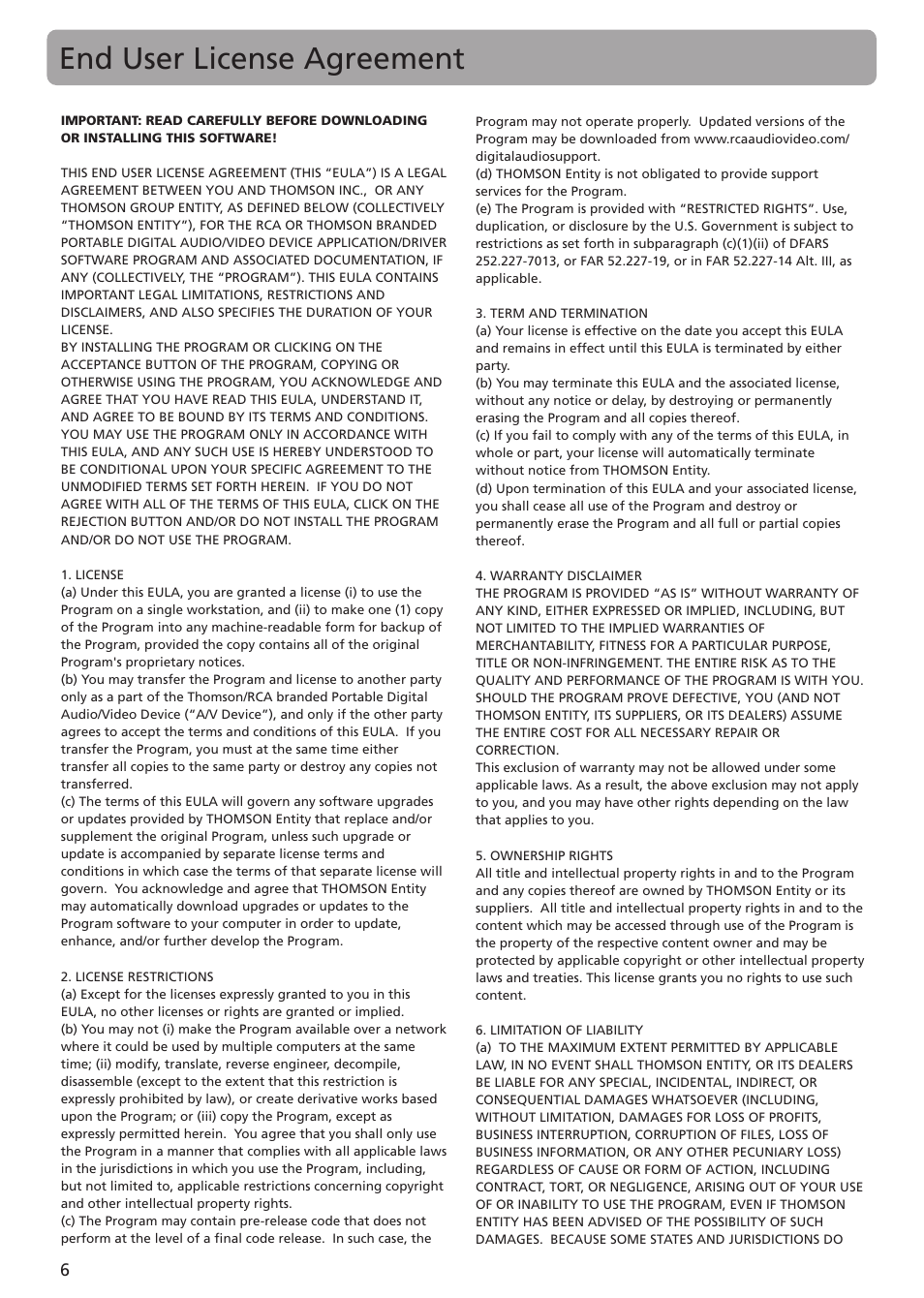 End user license agreement | RCA TC1402 User Manual | Page 6 / 40