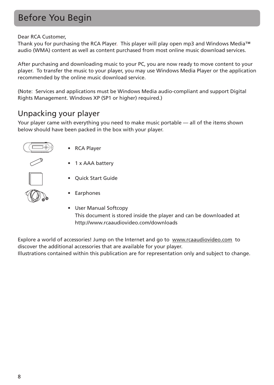 Before you begin, Unpacking your player | RCA TC1402 User Manual | Page 8 / 40