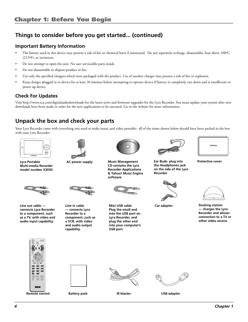 Chapter 1: before you begin, Unpack the box and check your parts, Important battery information | Check for updates | RCA Lyra X3030 User Manual | Page 10 / 68