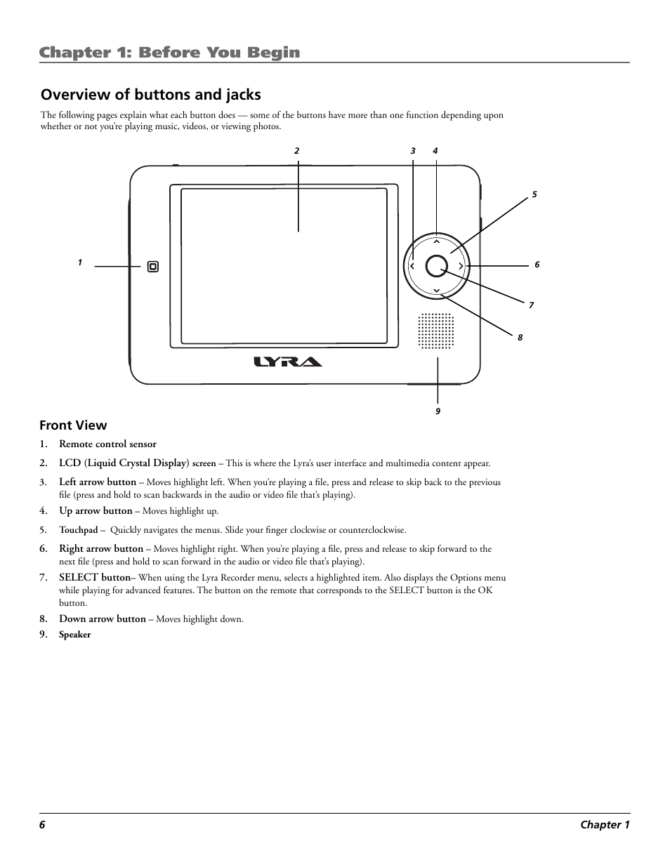 Chapter 1: before you begin, Overview of buttons and jacks, Front view | RCA Lyra X3030 User Manual | Page 12 / 68