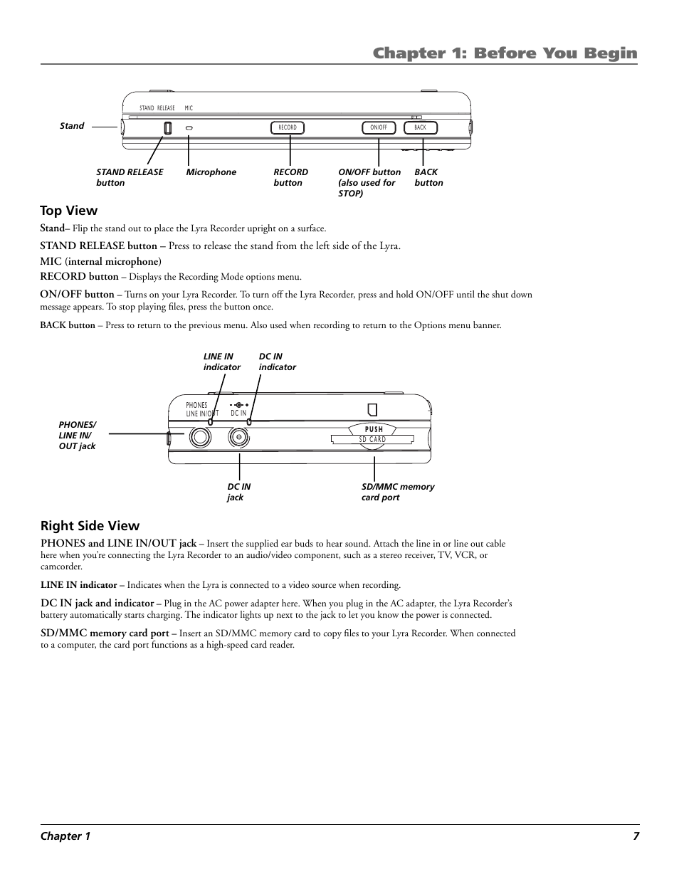 Chapter 1: before you begin, Top view, Right side view | RCA Lyra X3030 User Manual | Page 13 / 68