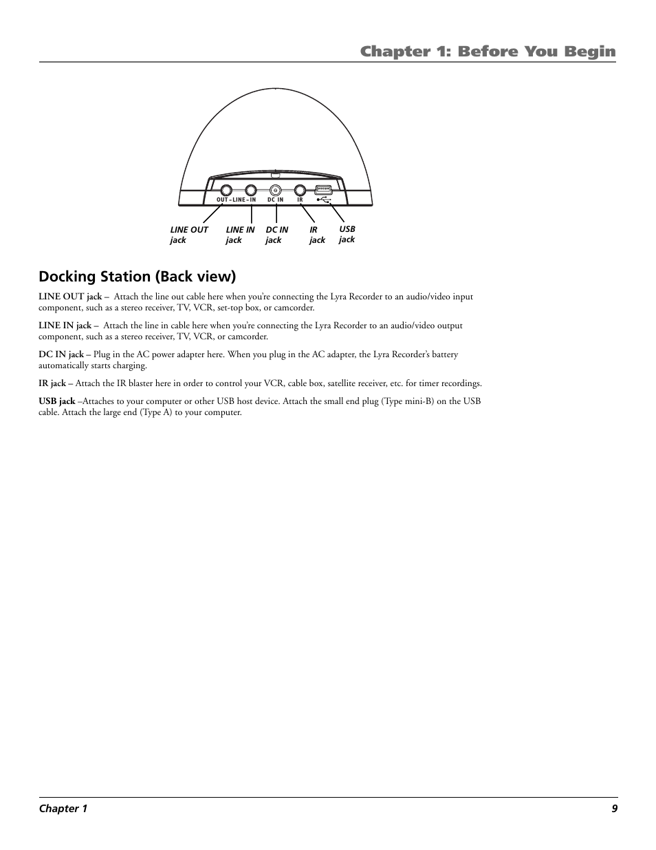Chapter 1: before you begin, Docking station (back view) | RCA Lyra X3030 User Manual | Page 15 / 68