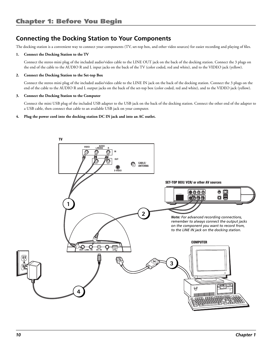 Chapter 1: before you begin, Connecting the docking station to your components, 10 chapter 1 | Audio | RCA Lyra X3030 User Manual | Page 16 / 68