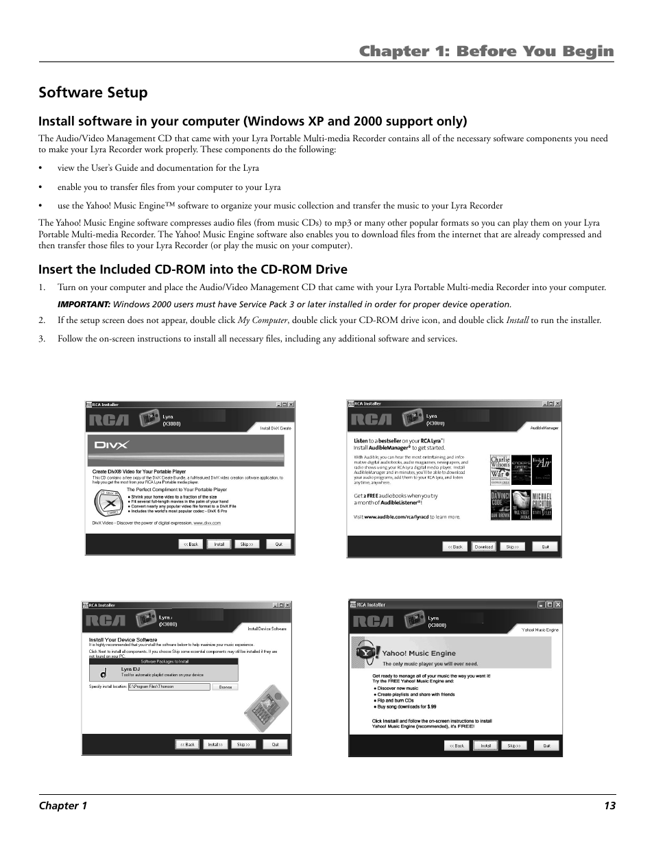 Chapter 1: before you begin, Software setup | RCA Lyra X3030 User Manual | Page 19 / 68