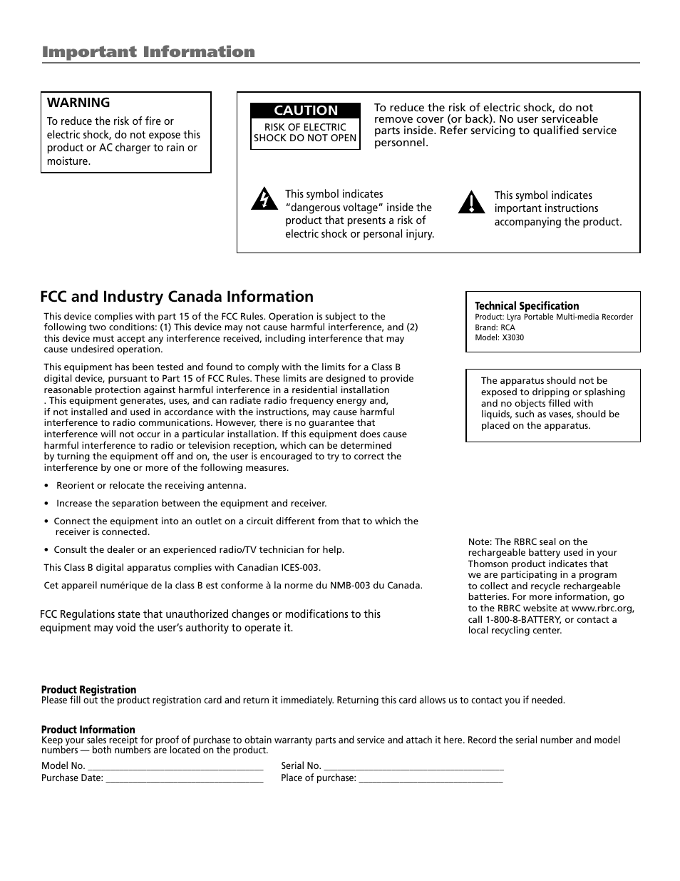 Fcc and industry canada information, Important information, Warning | Caution | RCA Lyra X3030 User Manual | Page 2 / 68