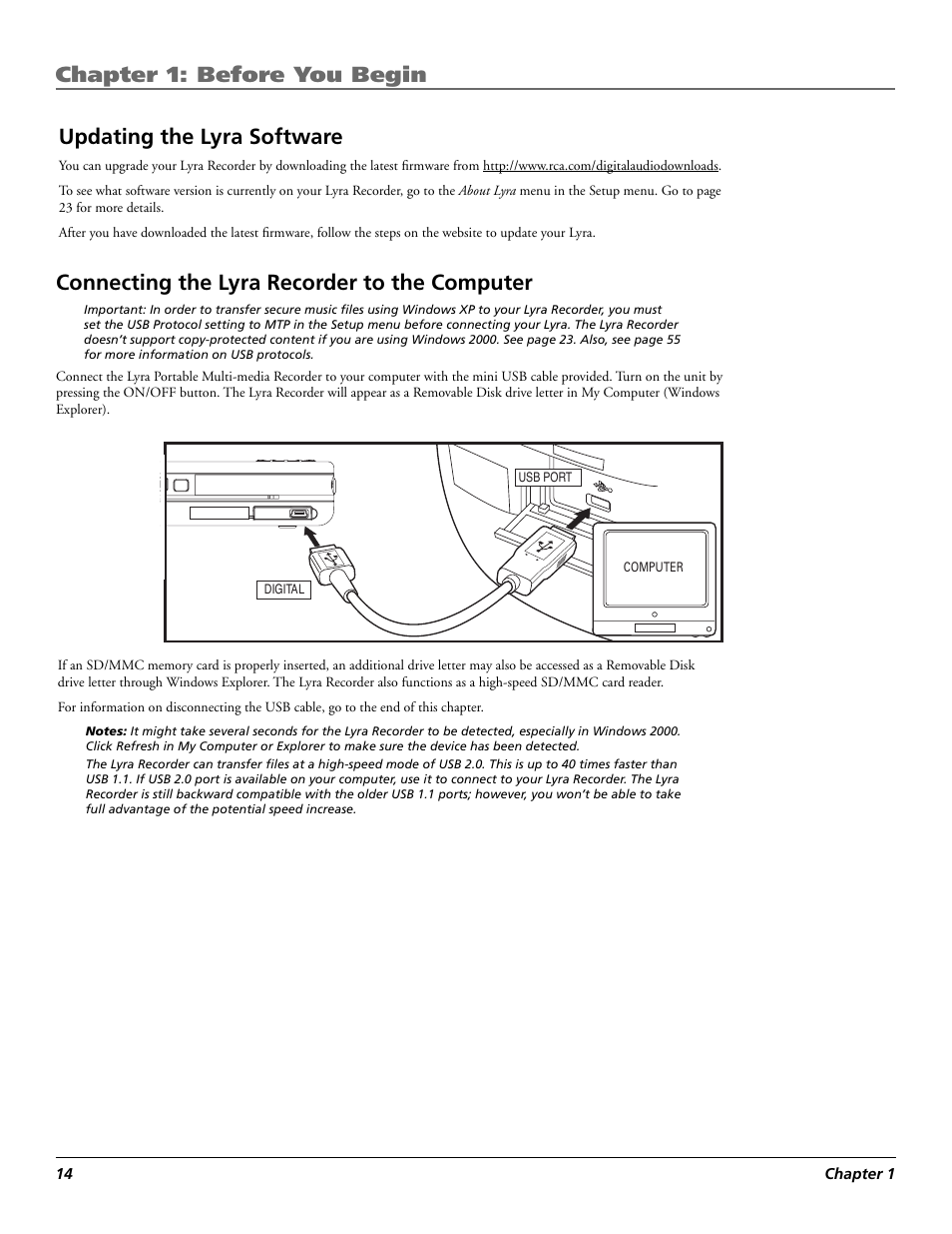 Chapter 1: before you begin, Updating the lyra software, Connecting the lyra recorder to the computer | RCA Lyra X3030 User Manual | Page 20 / 68