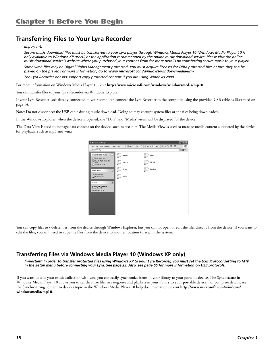 Chapter 1: before you begin, Transferring files to your lyra recorder | RCA Lyra X3030 User Manual | Page 22 / 68