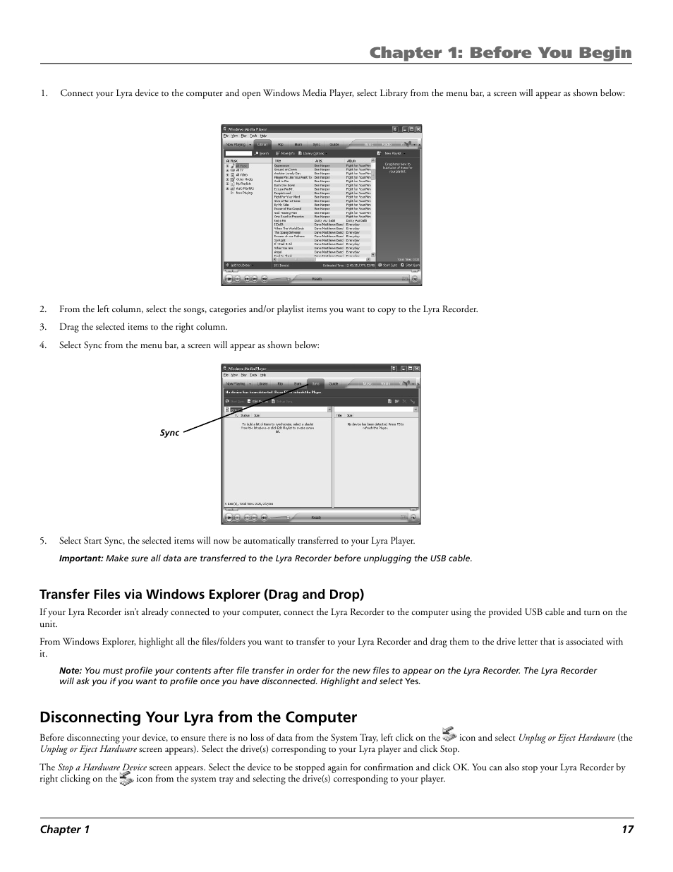 Chapter 1: before you begin, Disconnecting your lyra from the computer | RCA Lyra X3030 User Manual | Page 23 / 68