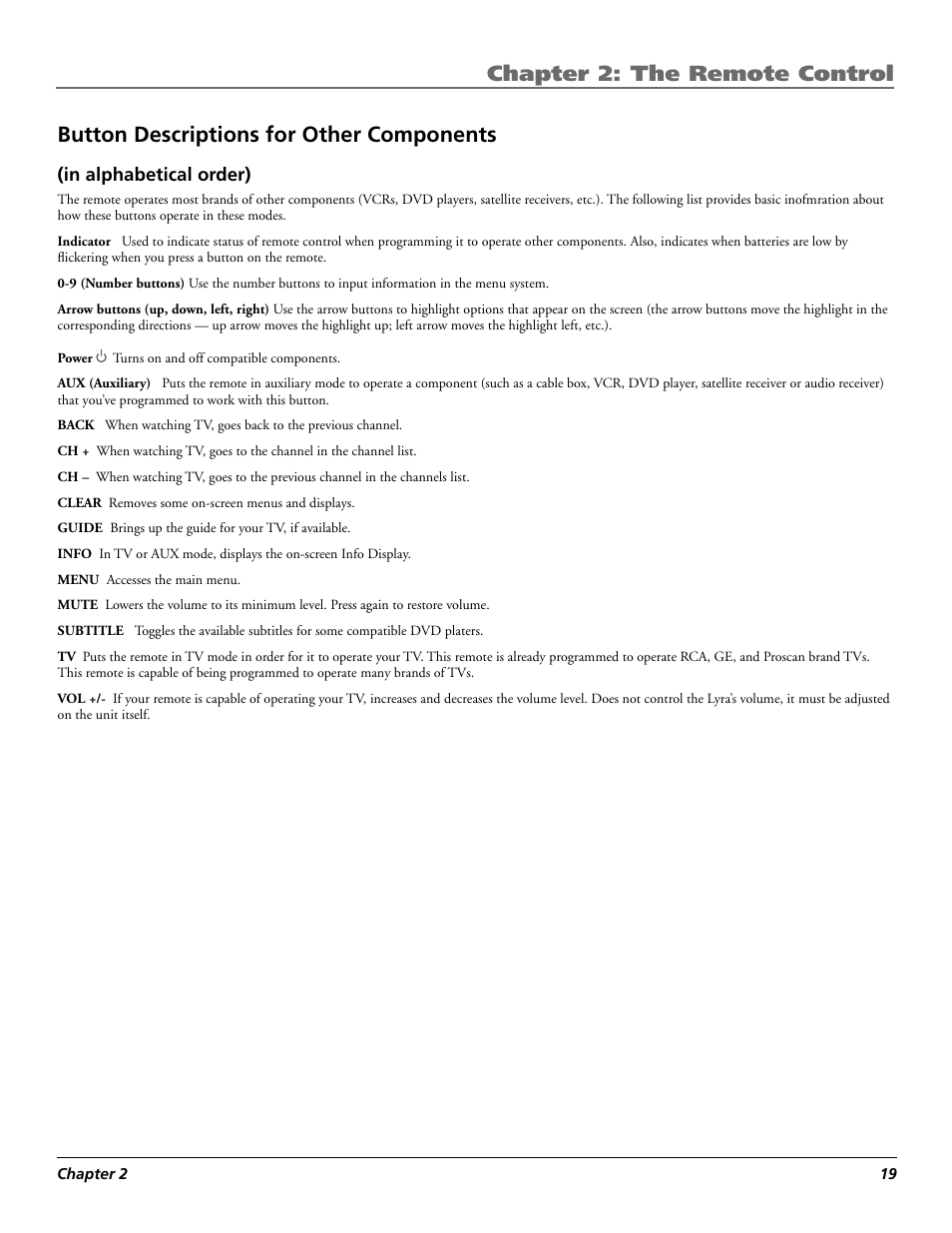 Chapter 2: the remote control, Button descriptions for other components | RCA Lyra X3030 User Manual | Page 25 / 68