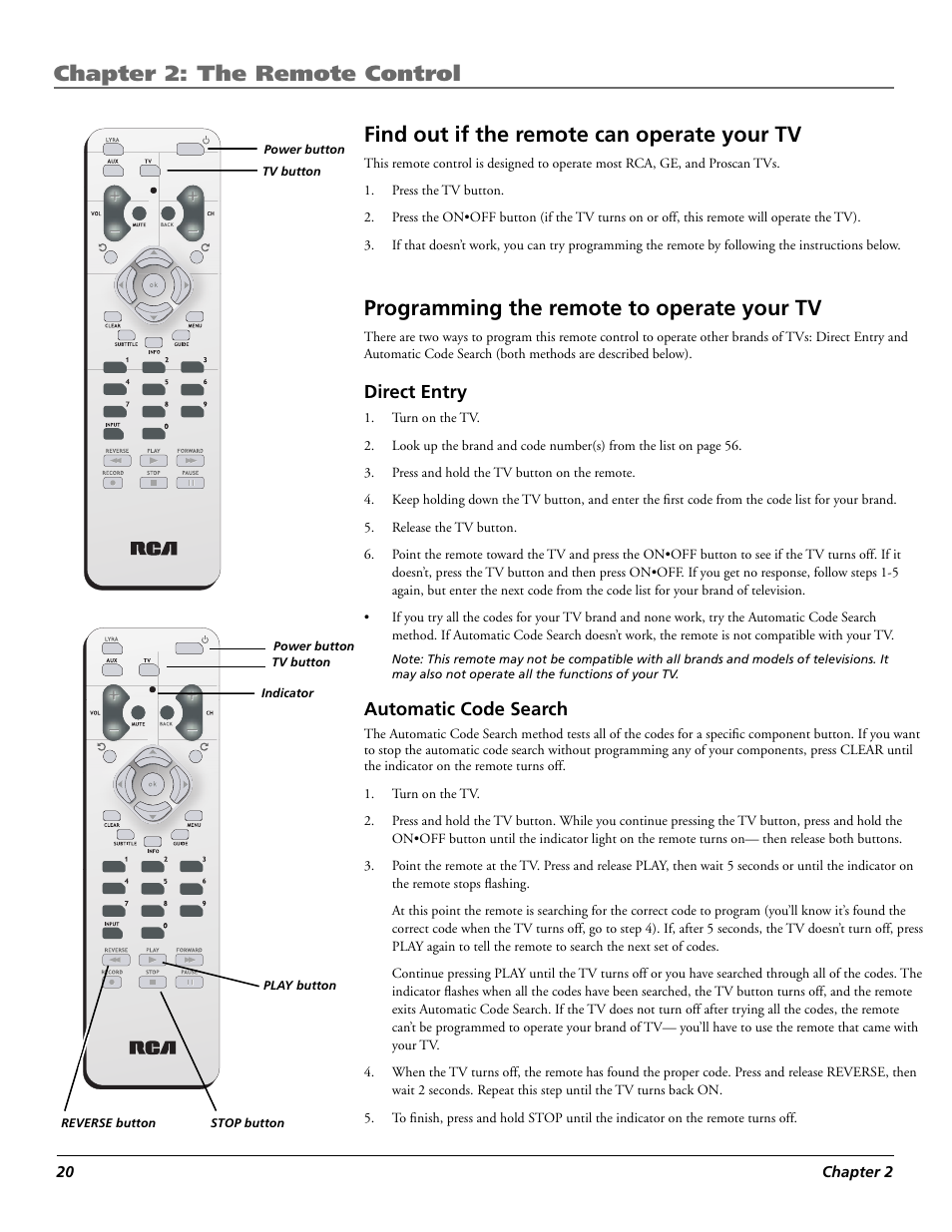 Chapter 2: the remote control, Find out if the remote can operate your tv, Programming the remote to operate your tv | Direct entry, Automatic code search | RCA Lyra X3030 User Manual | Page 26 / 68