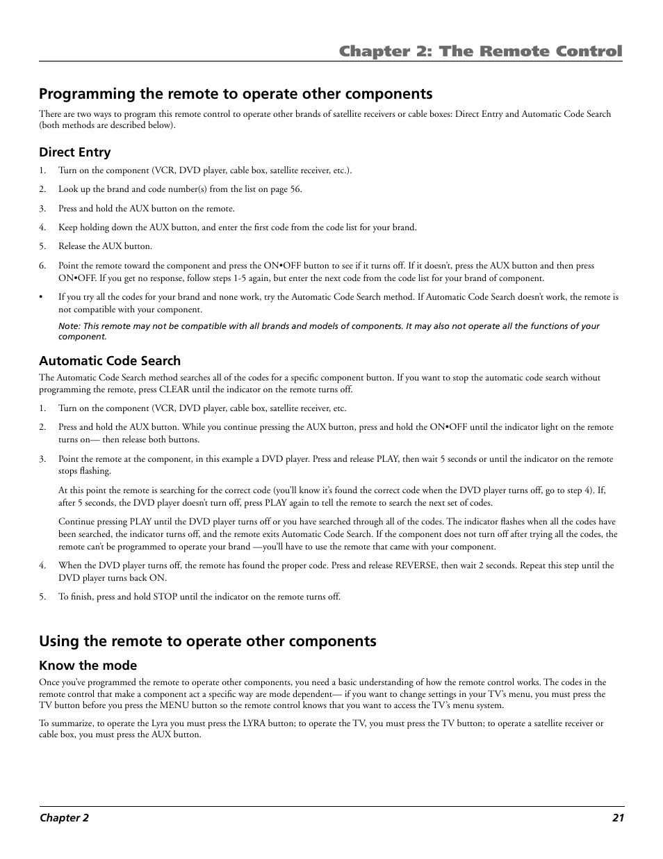 Chapter 2: the remote control, Programming the remote to operate other components, Using the remote to operate other components | RCA Lyra X3030 User Manual | Page 27 / 68