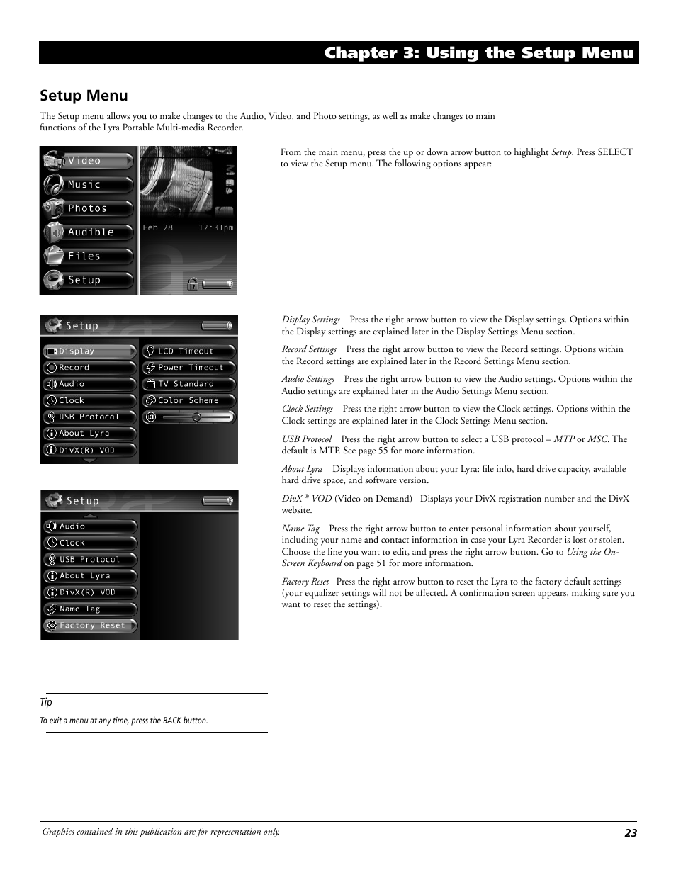 Chapter 3: using the setup menu, Setup menu | RCA Lyra X3030 User Manual | Page 29 / 68