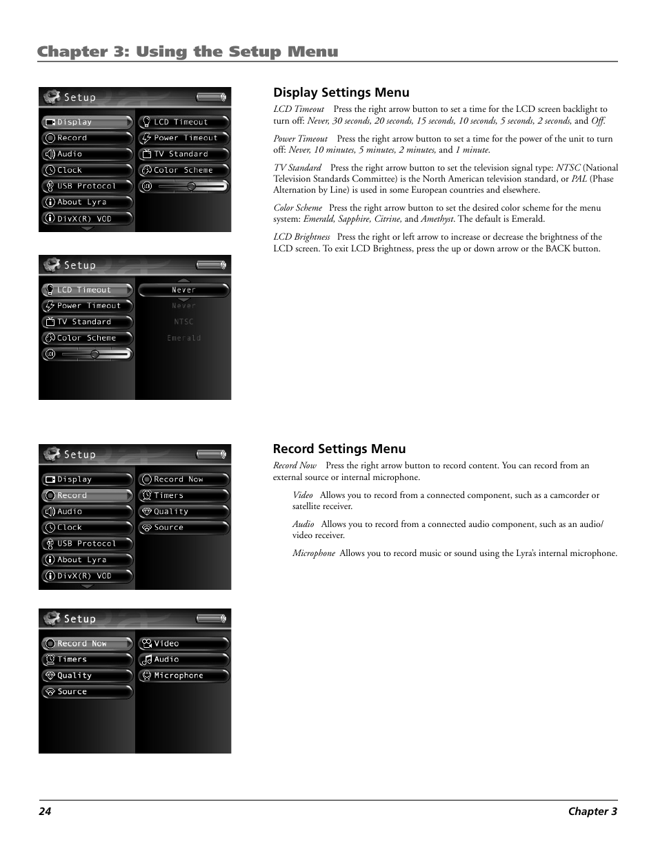 Chapter 3: using the setup menu | RCA Lyra X3030 User Manual | Page 30 / 68