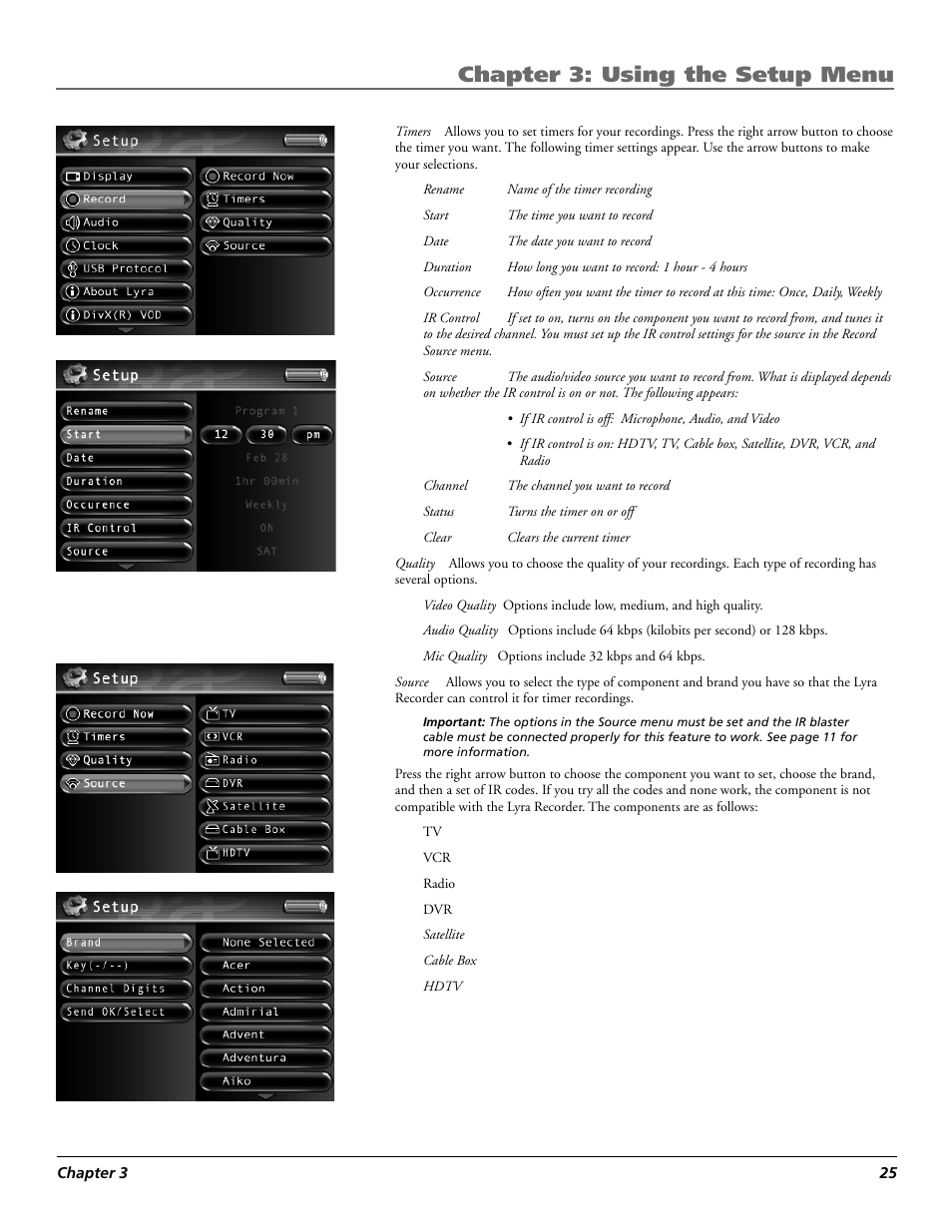 Chapter 3: using the setup menu | RCA Lyra X3030 User Manual | Page 31 / 68