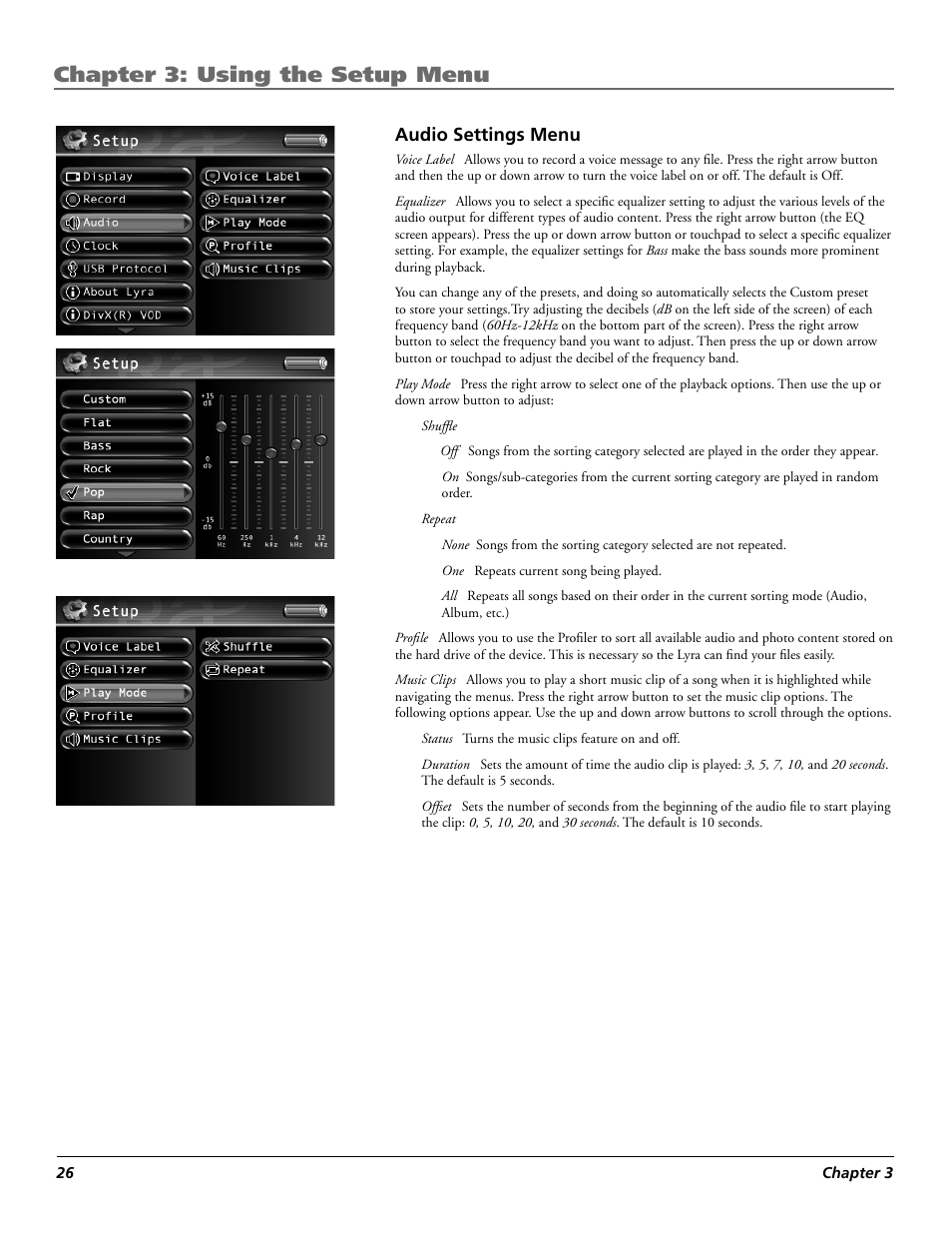 Chapter 3: using the setup menu | RCA Lyra X3030 User Manual | Page 32 / 68