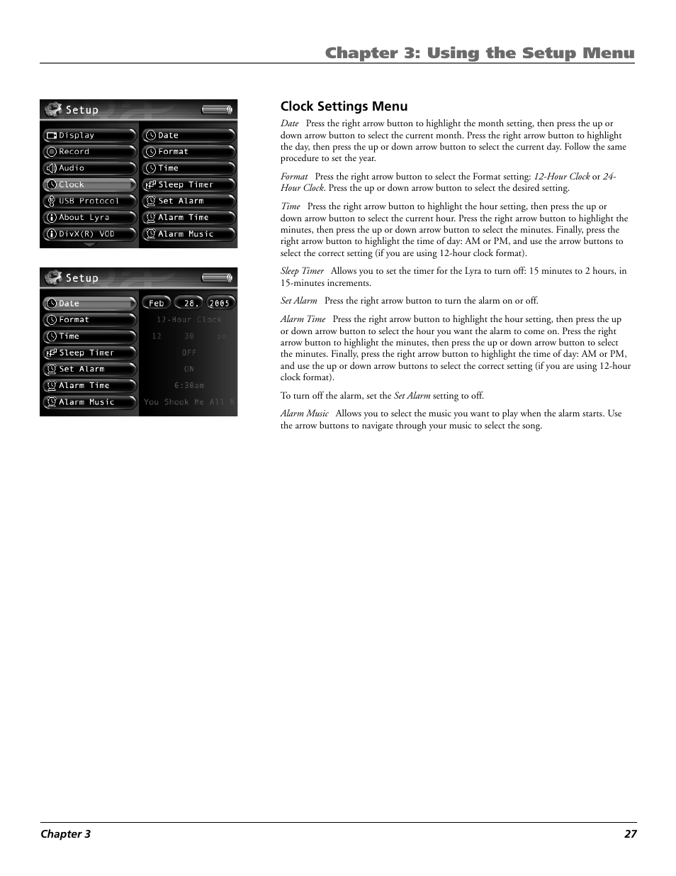 Chapter 3: using the setup menu | RCA Lyra X3030 User Manual | Page 33 / 68