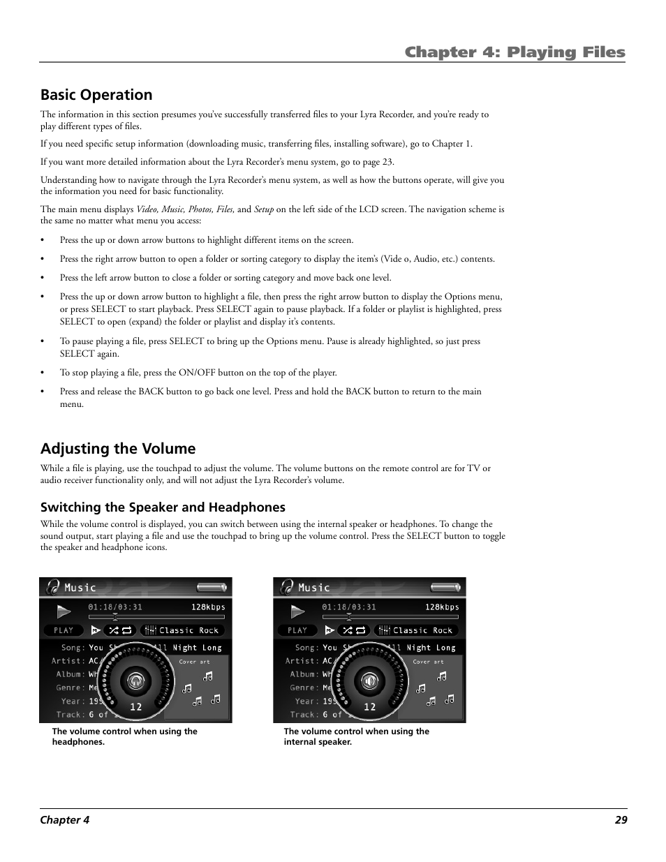 Chapter 4: playing files, Basic operation, Adjusting the volume | RCA Lyra X3030 User Manual | Page 35 / 68