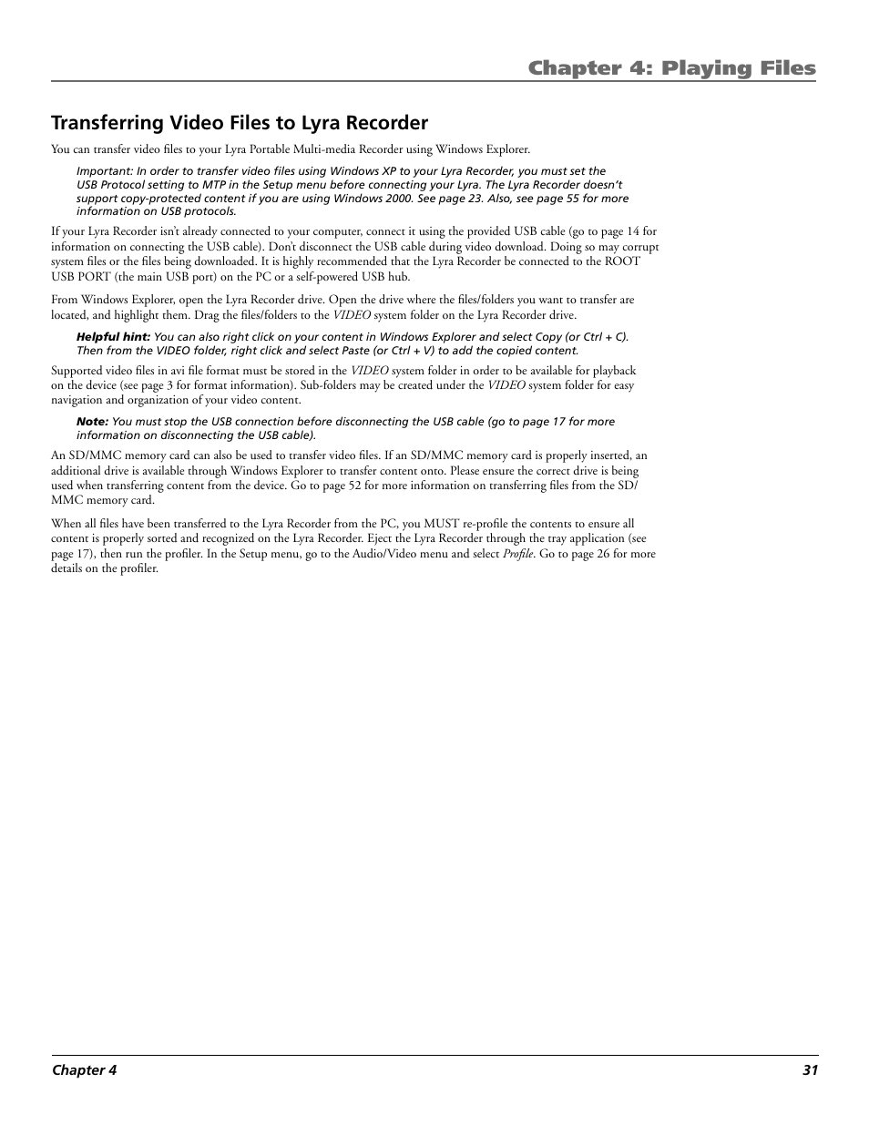 Chapter 4: playing files, Transferring video files to lyra recorder | RCA Lyra X3030 User Manual | Page 37 / 68