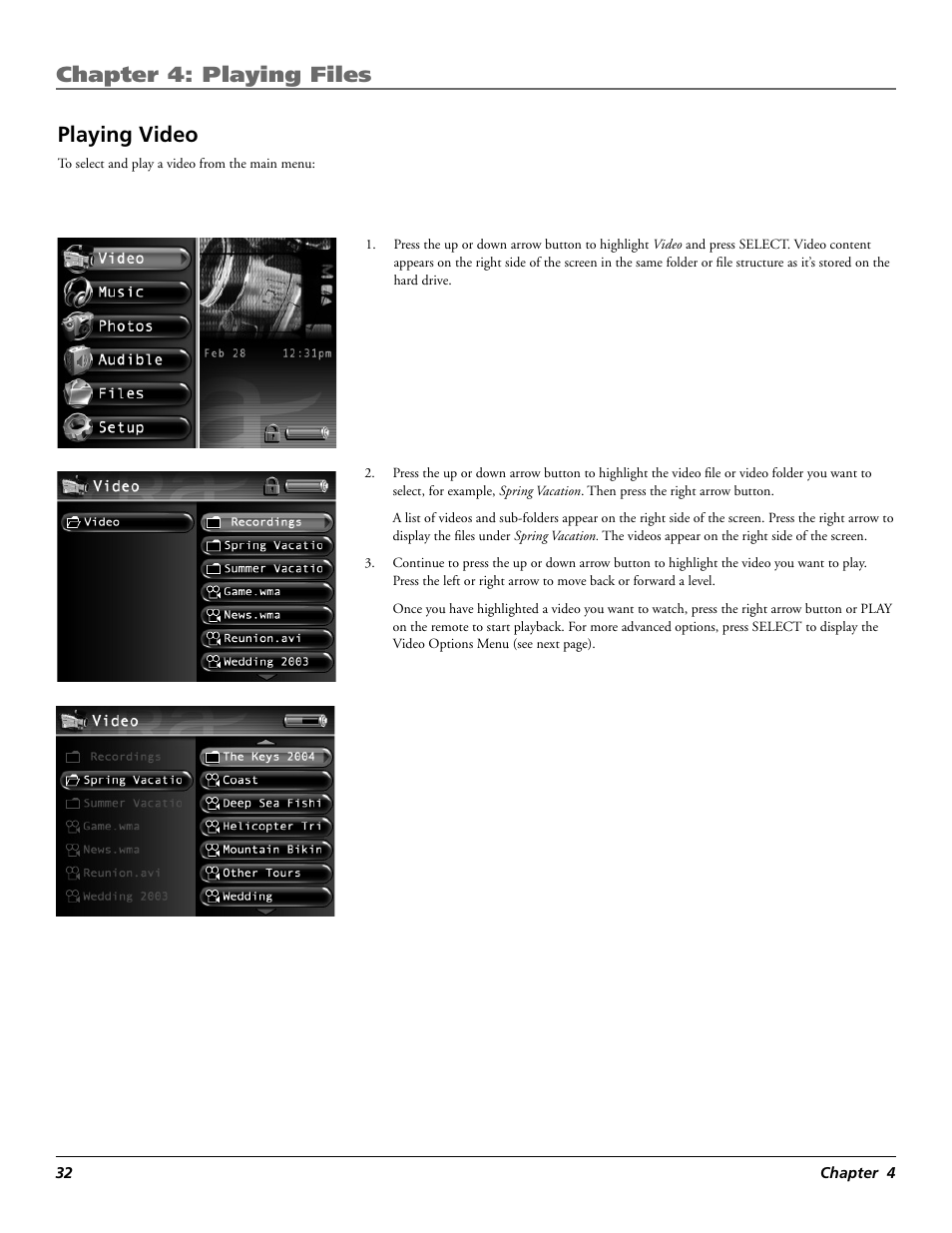 Chapter 4: playing files, Playing video | RCA Lyra X3030 User Manual | Page 38 / 68