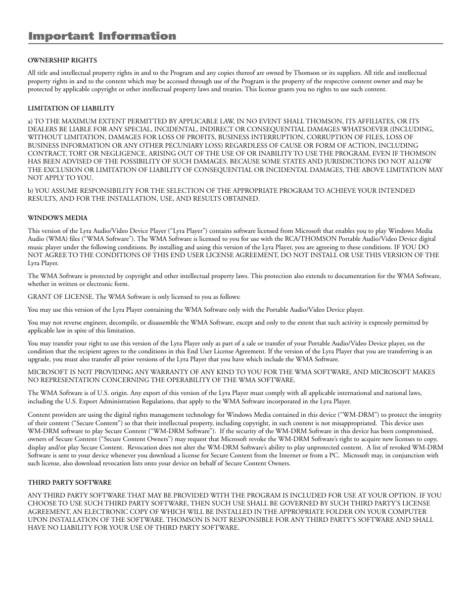 Important information | RCA Lyra X3030 User Manual | Page 4 / 68