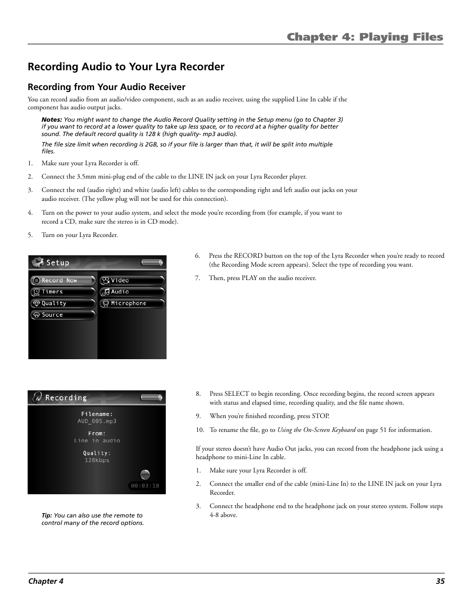 Chapter 4: playing files, Recording audio to your lyra recorder, Recording from your audio receiver | RCA Lyra X3030 User Manual | Page 41 / 68