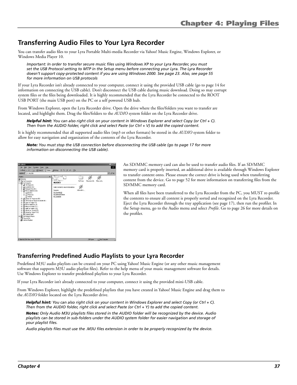 Chapter 4: playing files, Transferring audio files to your lyra recorder | RCA Lyra X3030 User Manual | Page 43 / 68