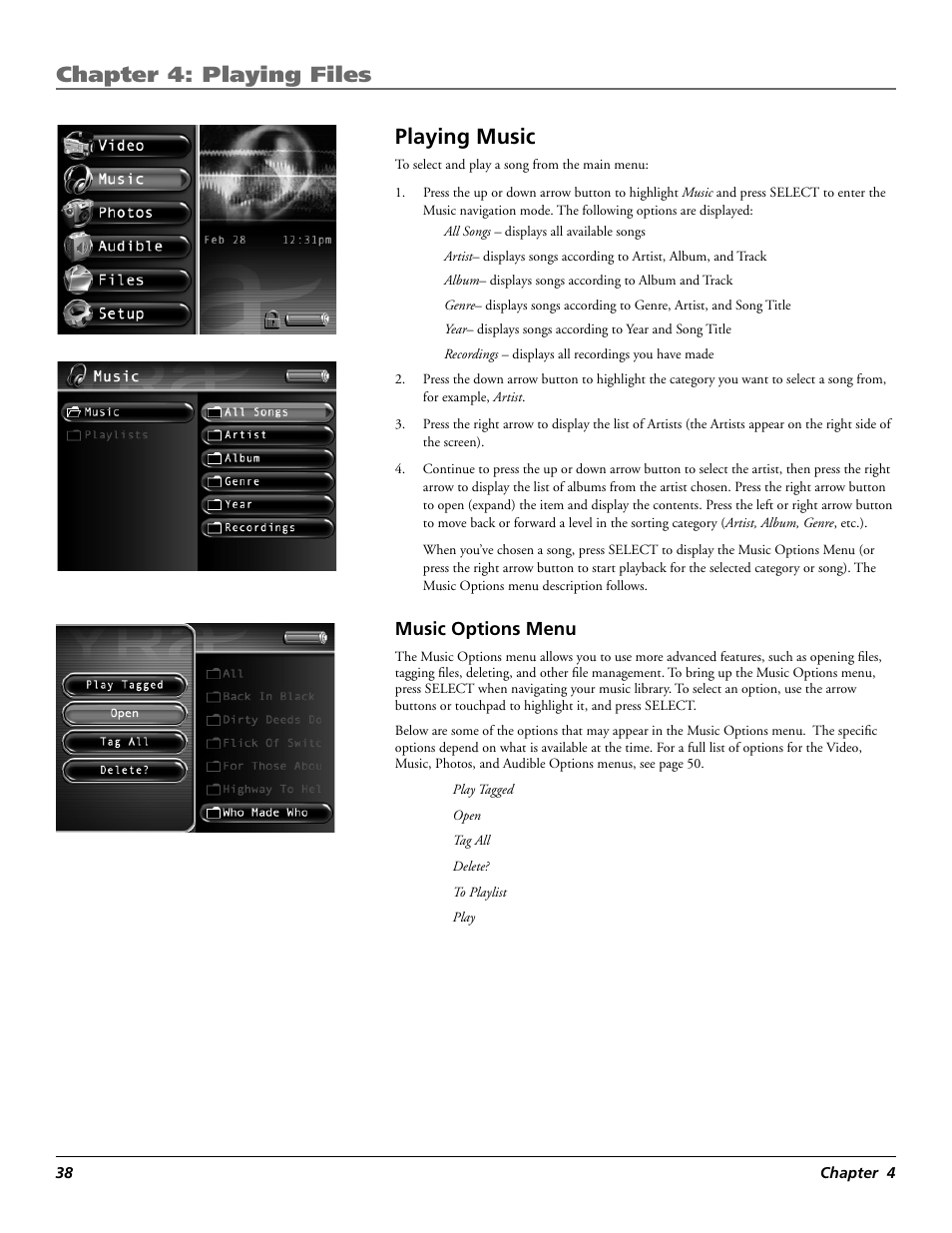 Chapter 4: playing files, Playing music | RCA Lyra X3030 User Manual | Page 44 / 68