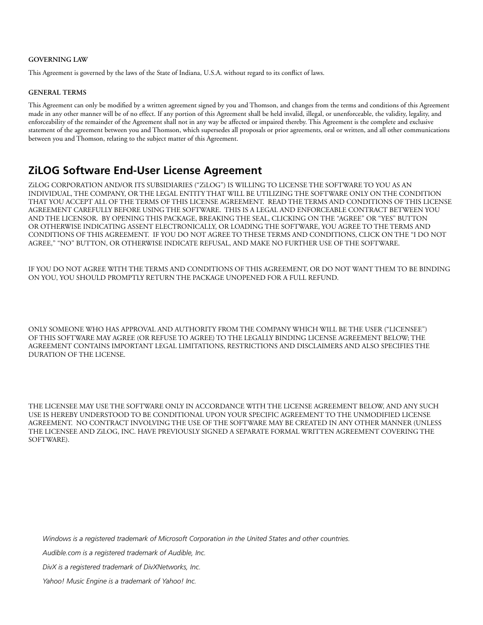 Zilog software end-user license agreement | RCA Lyra X3030 User Manual | Page 5 / 68