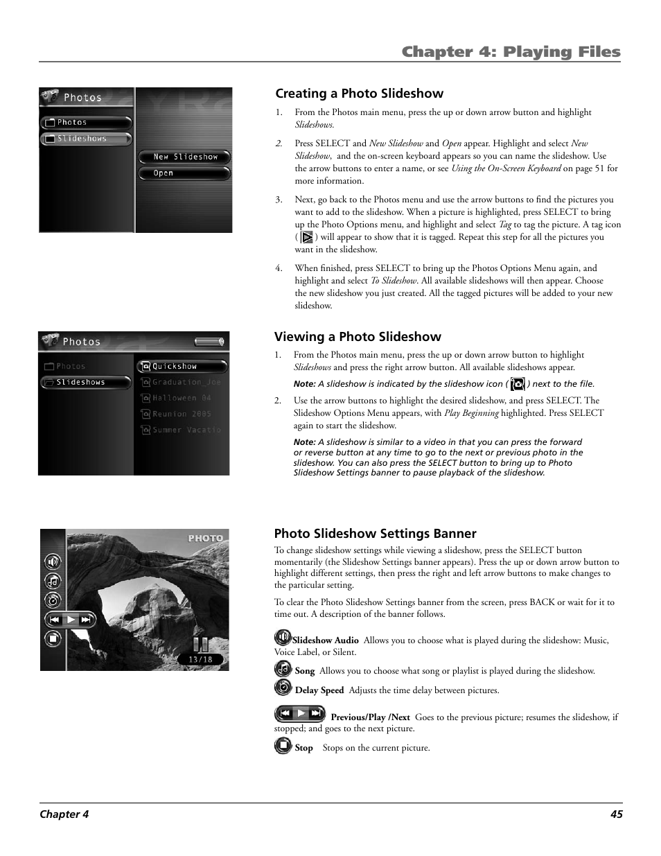 Chapter 4: playing files, Creating a photo slideshow, Viewing a photo slideshow | Photo slideshow settings banner | RCA Lyra X3030 User Manual | Page 51 / 68