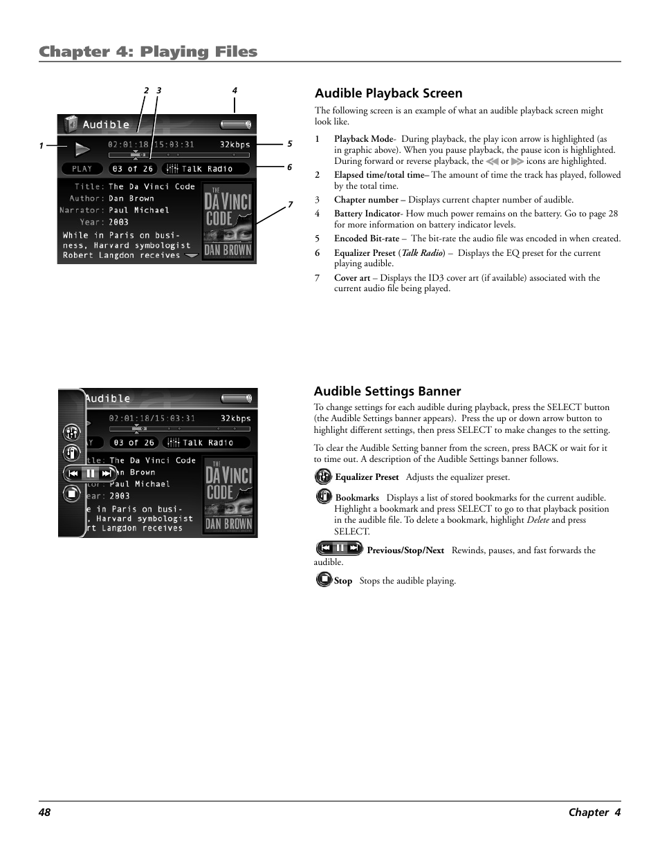 Chapter 4: playing files, Audible playback screen, Audible settings banner | RCA Lyra X3030 User Manual | Page 54 / 68