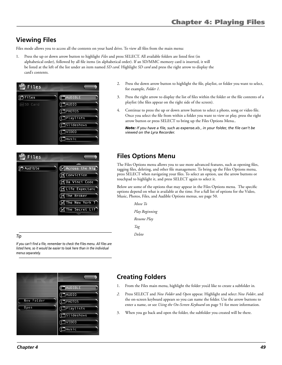 Chapter 4: playing files, Viewing files, Files options menu | Creating folders | RCA Lyra X3030 User Manual | Page 55 / 68
