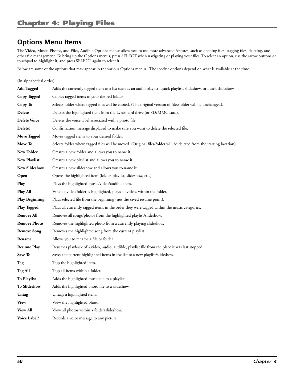 Chapter 4: playing files, Options menu items | RCA Lyra X3030 User Manual | Page 56 / 68