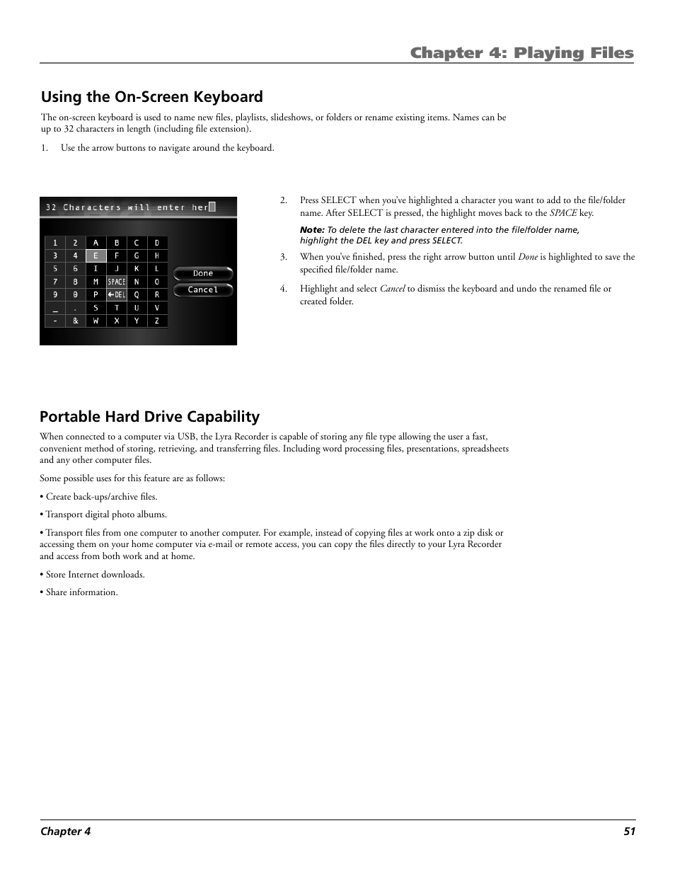Chapter 4: playing files, Using the on-screen keyboard, Portable hard drive capability | RCA Lyra X3030 User Manual | Page 57 / 68