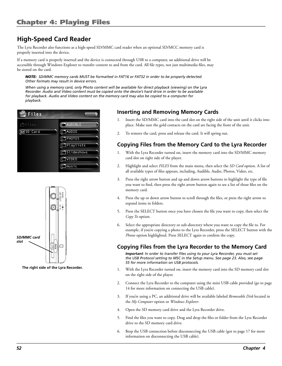 Chapter 4: playing files, High-speed card reader | RCA Lyra X3030 User Manual | Page 58 / 68