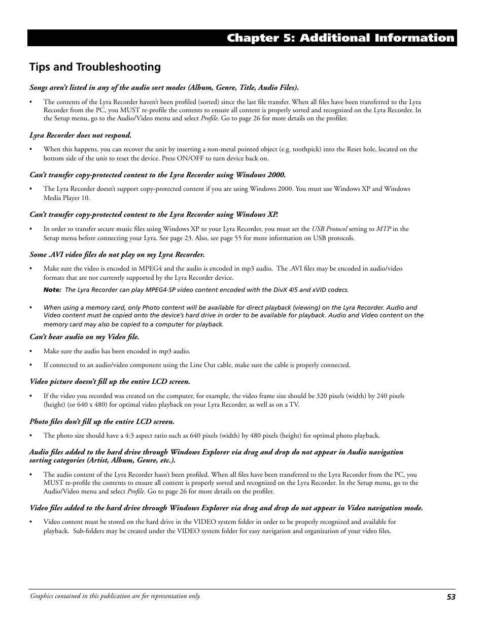 Chapter 5: additional information, Tips and troubleshooting | RCA Lyra X3030 User Manual | Page 59 / 68