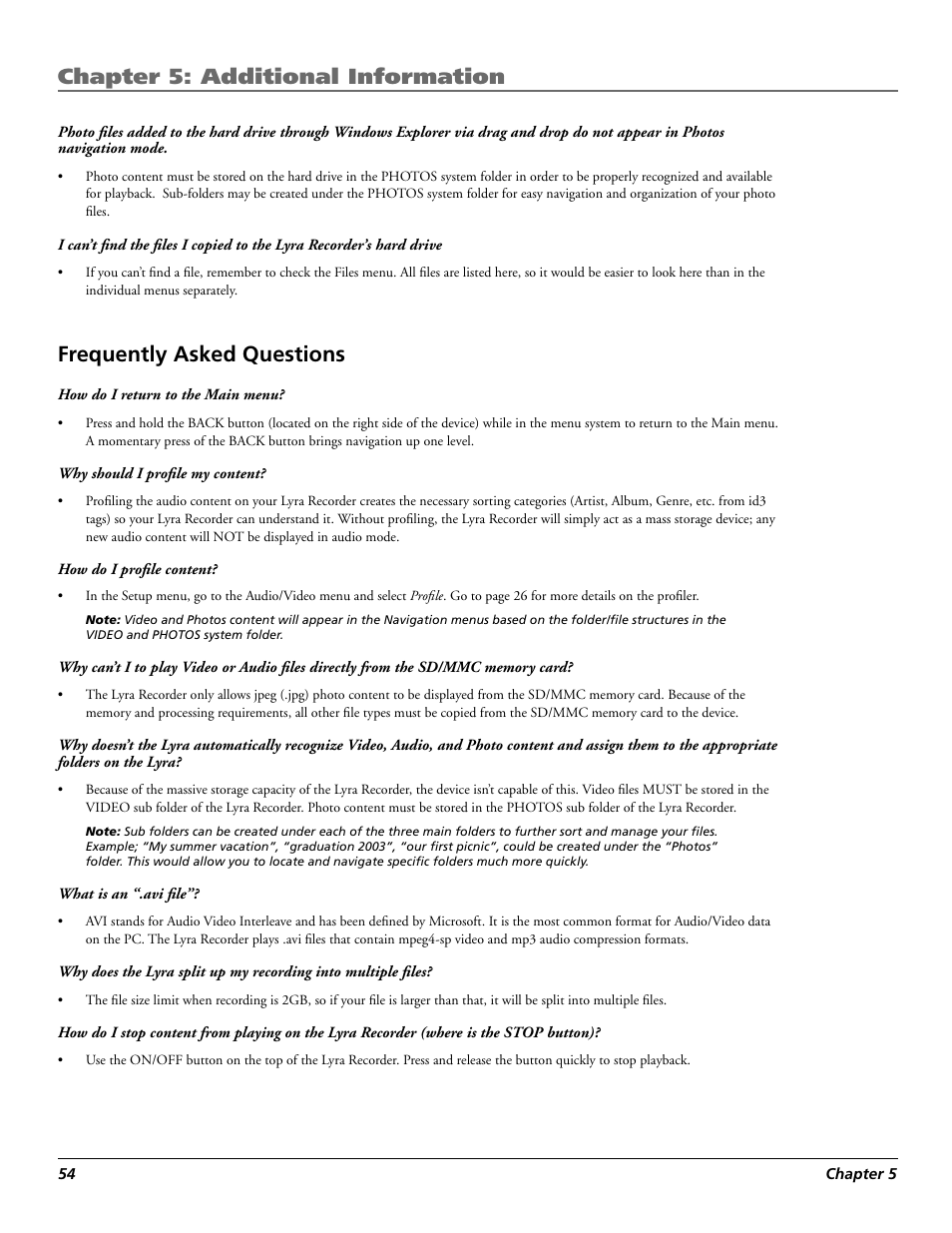 Chapter 5: additional information, Frequently asked questions | RCA Lyra X3030 User Manual | Page 60 / 68