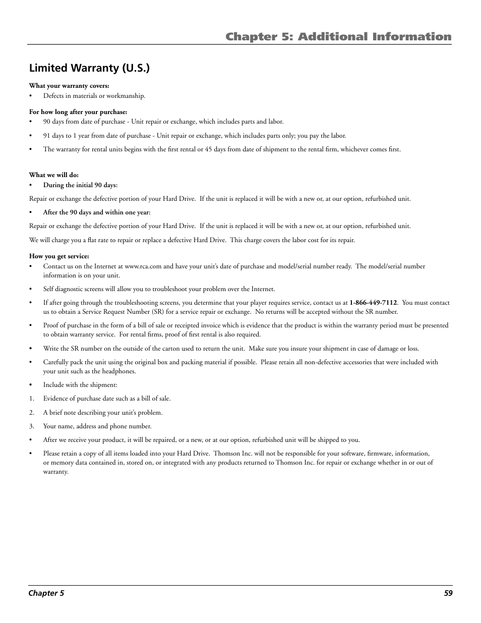Chapter 5: additional information, Limited warranty (u.s.) | RCA Lyra X3030 User Manual | Page 65 / 68