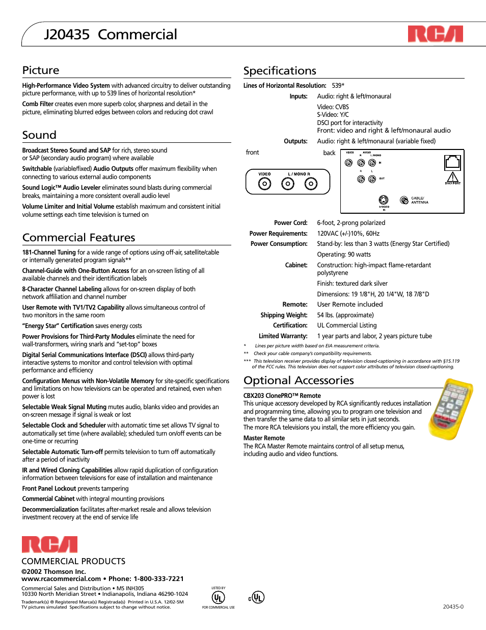 Specifications, Optional accessories, Picture | Sound, Commercial features, Commercial products | RCA J20435 User Manual | Page 2 / 2