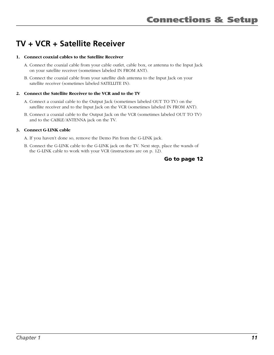 Connections & setup tv + vcr + satellite receiver | RCA F25423 User Manual | Page 13 / 64