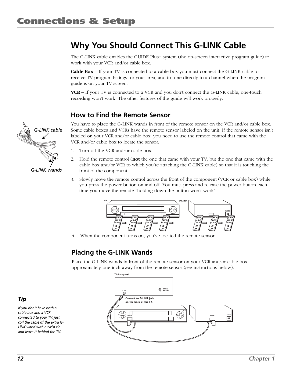 Connections & setup, Why you should connect this g-link cable, How to find the remote sensor | Placing the g-link wands, 12 chapter 1 | RCA F25423 User Manual | Page 14 / 64