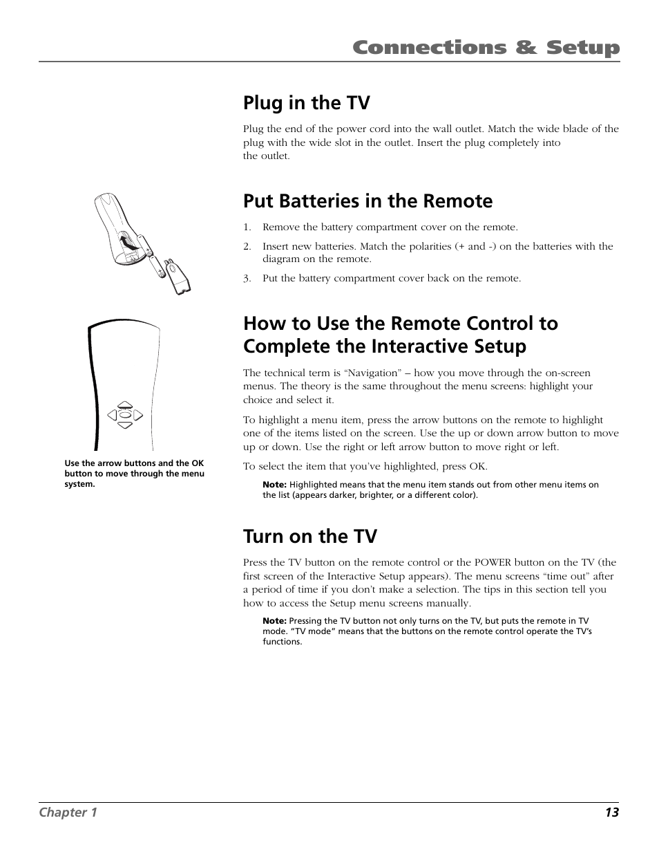 Connections & setup plug in the tv, Put batteries in the remote, Turn on the tv | RCA F25423 User Manual | Page 15 / 64