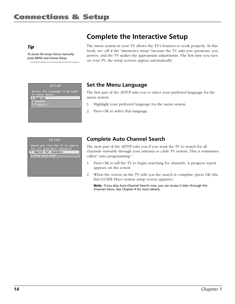 Connections & setup, Complete the interactive setup, Set the menu language | Complete auto channel search | RCA F25423 User Manual | Page 16 / 64