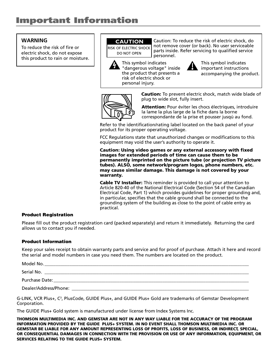 Important information | RCA F25423 User Manual | Page 2 / 64