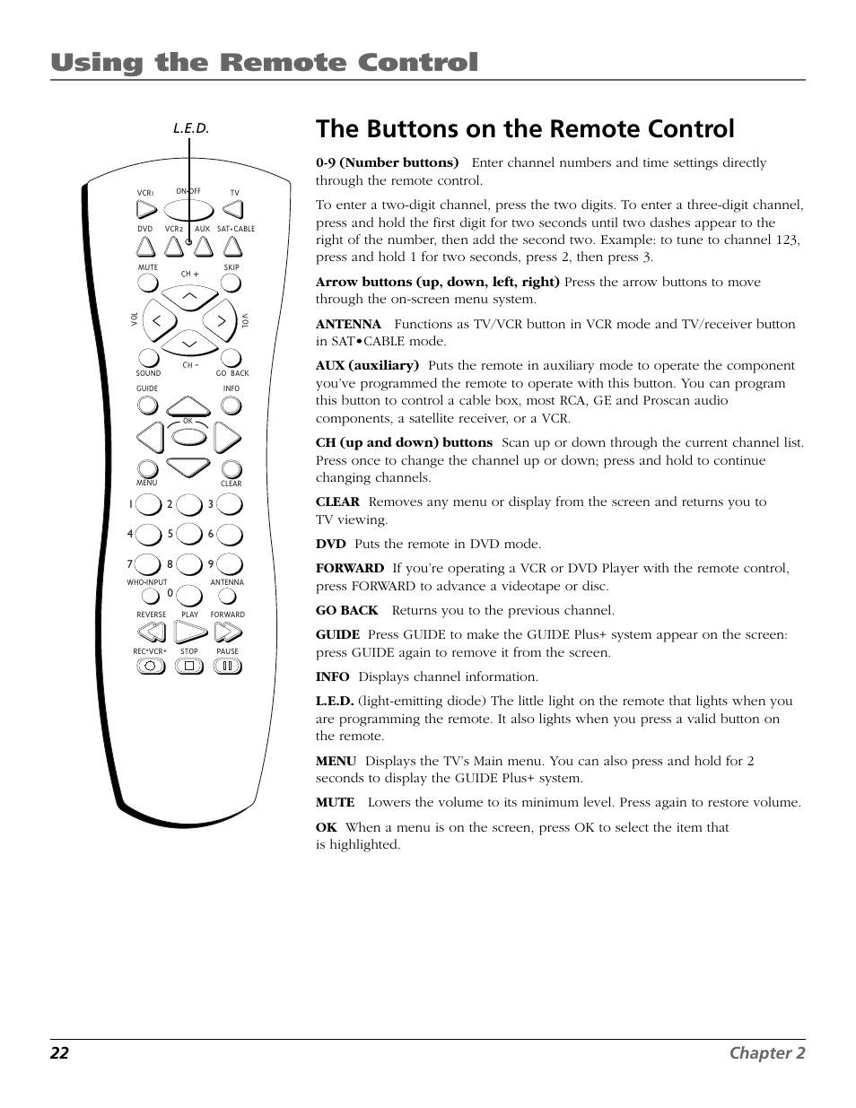 Using the remote control, The buttons on the remote control, 22 chapter 2 | RCA F25423 User Manual | Page 24 / 64