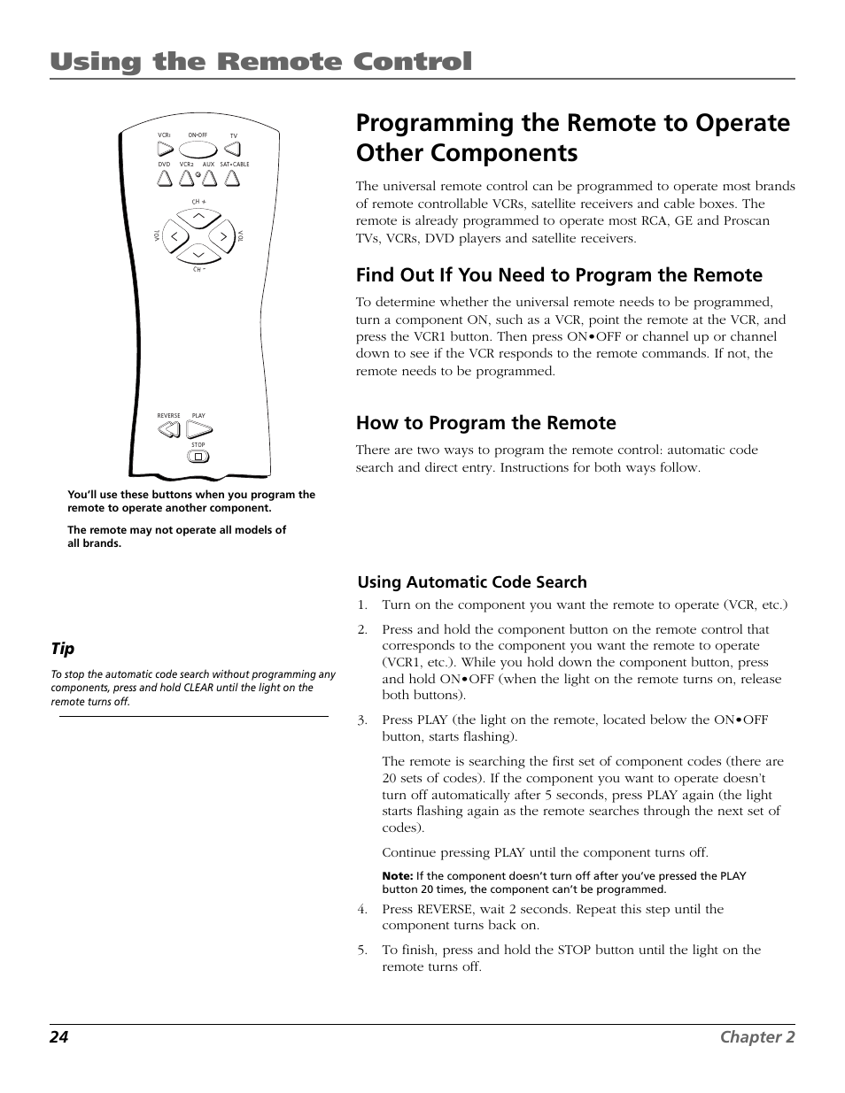 Using the remote control, Programming the remote to operate other components, Find out if you need to program the remote | How to program the remote, 24 chapter 2, Using automatic code search | RCA F25423 User Manual | Page 26 / 64