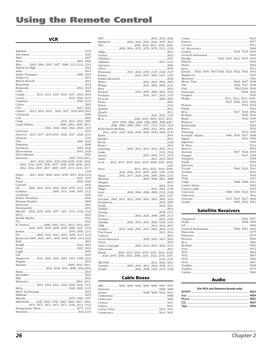 Using the remote control, 26 chapter 2, Cable boxes | Satellite receivers, Audio | RCA F25423 User Manual | Page 28 / 64