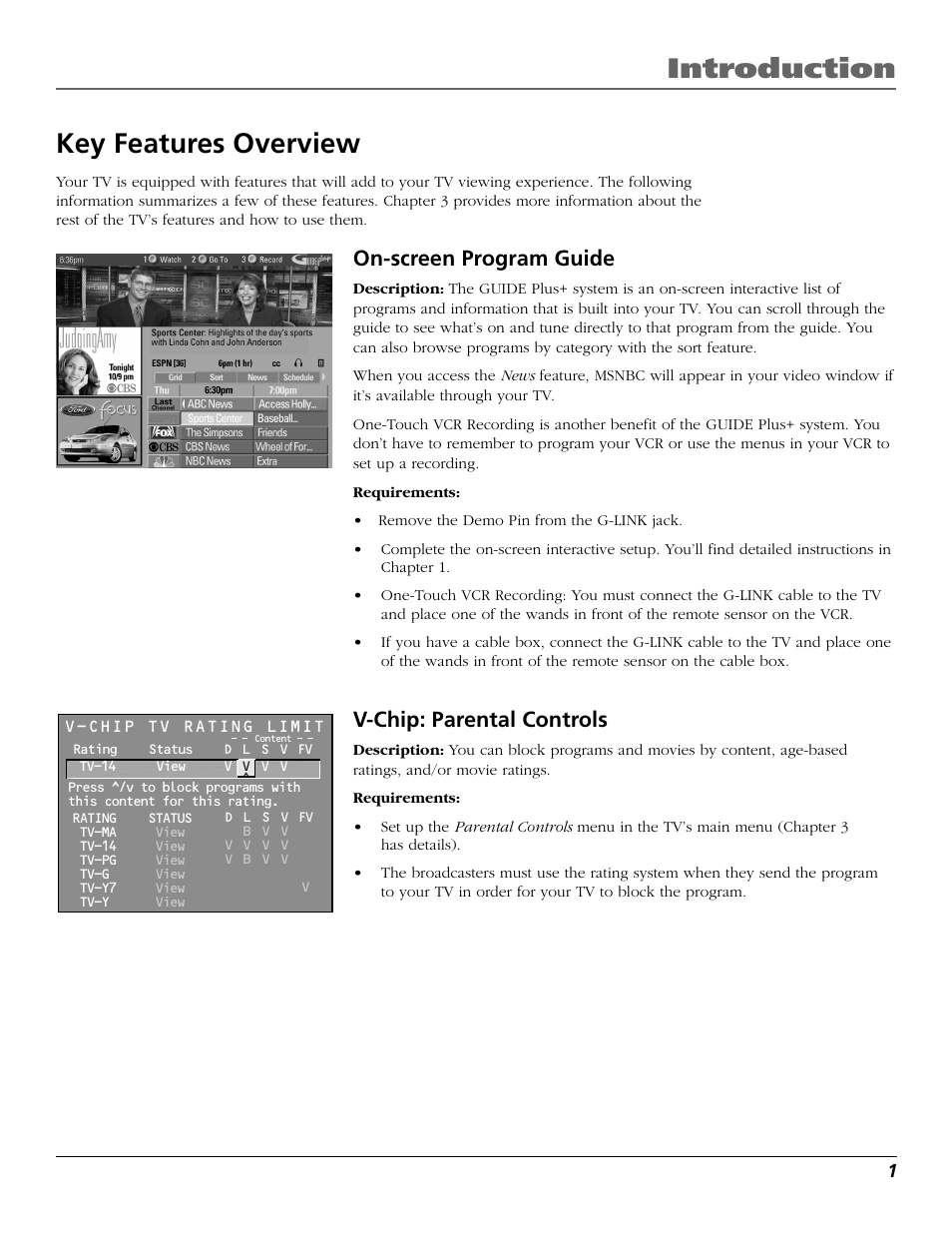 Introduction, Key features overview, On-screen program guide | V-chip: parental controls | RCA F25423 User Manual | Page 3 / 64