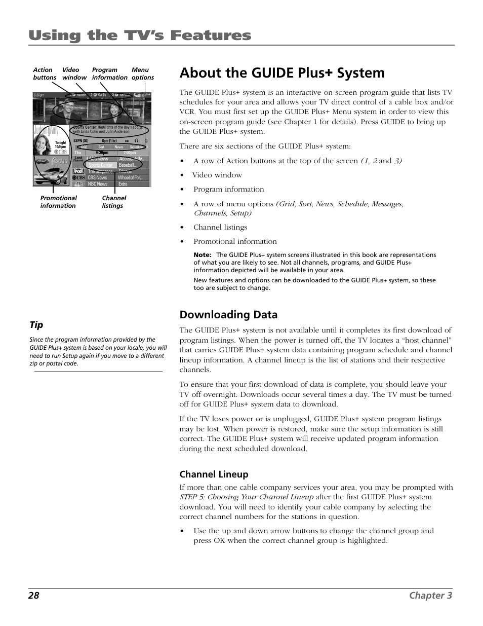 Using the tv’s features, About the guide plus+ system, Downloading data | RCA F25423 User Manual | Page 30 / 64