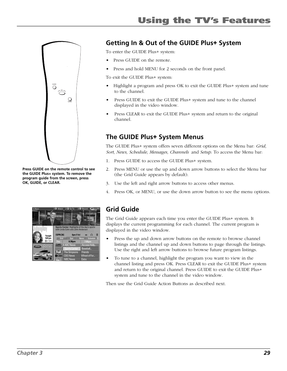 Using the tv’s features, Getting in & out of the guide plus+ system, The guide plus+ system menus | Grid guide | RCA F25423 User Manual | Page 31 / 64