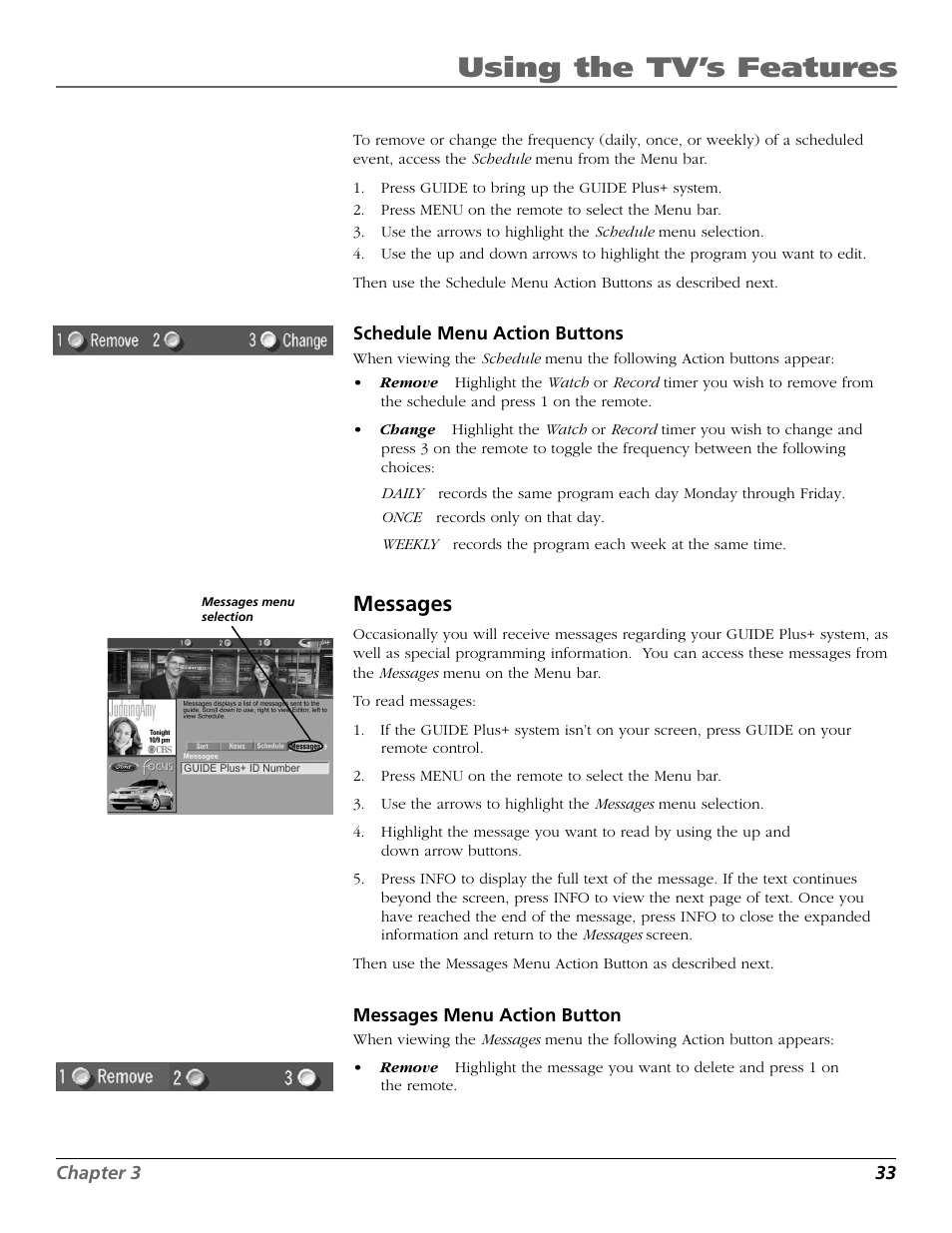 Using the tv’s features, Messages | RCA F25423 User Manual | Page 35 / 64